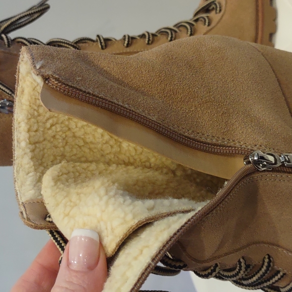 Schutz High Heel Lace Zip Up Nana Hiking Boot Chunky Lug Sole Suede Fleece 9 1/2 - Picture 6 of 9